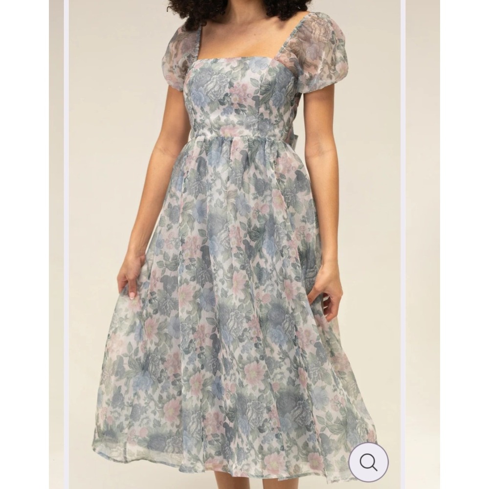 Morning Lavender Sophia Midi Dress 3XL Blue Floral Organza Puff Sleeve Bow NEW